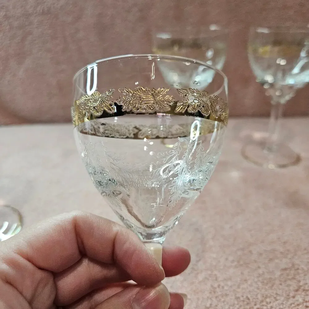 4 Vintage Bohemian Etched Crystal Cordial Glasses with Gold Trim & Floral Detail